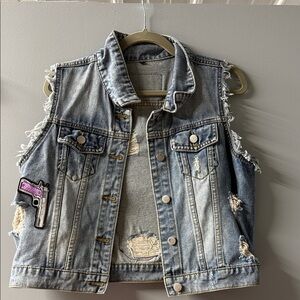 Distressed Denim Vest with Patch